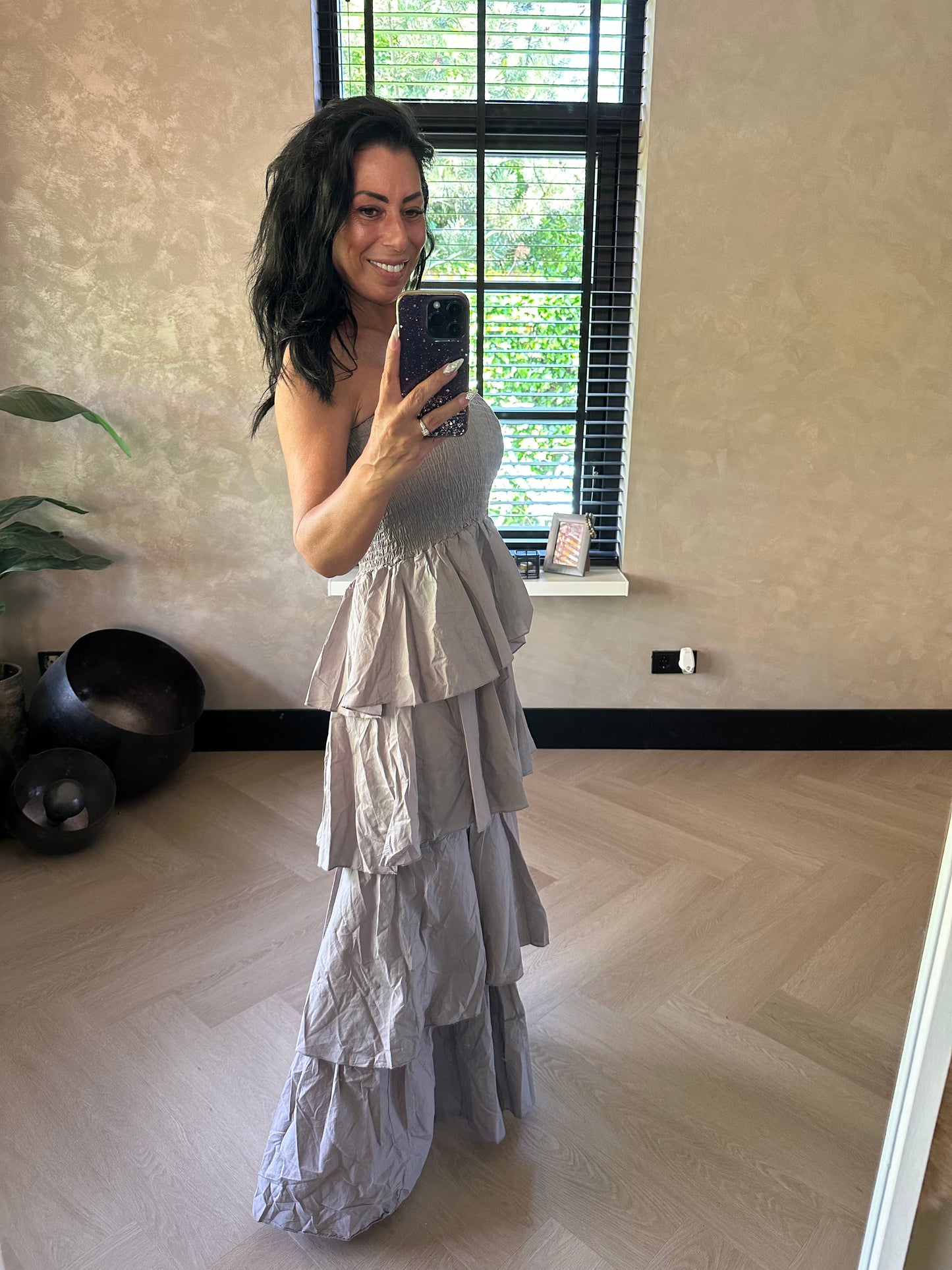 Ruffle Strapless Dress Taupe