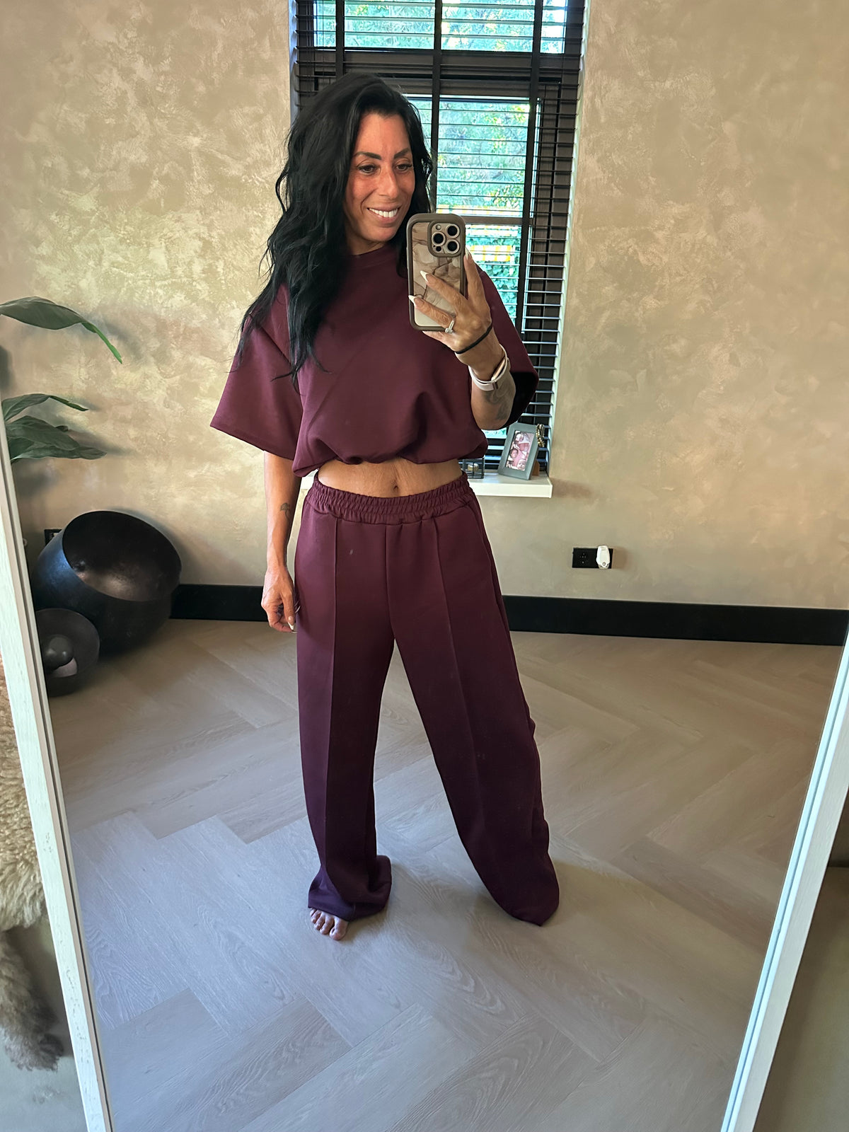 Crop Top Set Short Sleeve Bordeaux