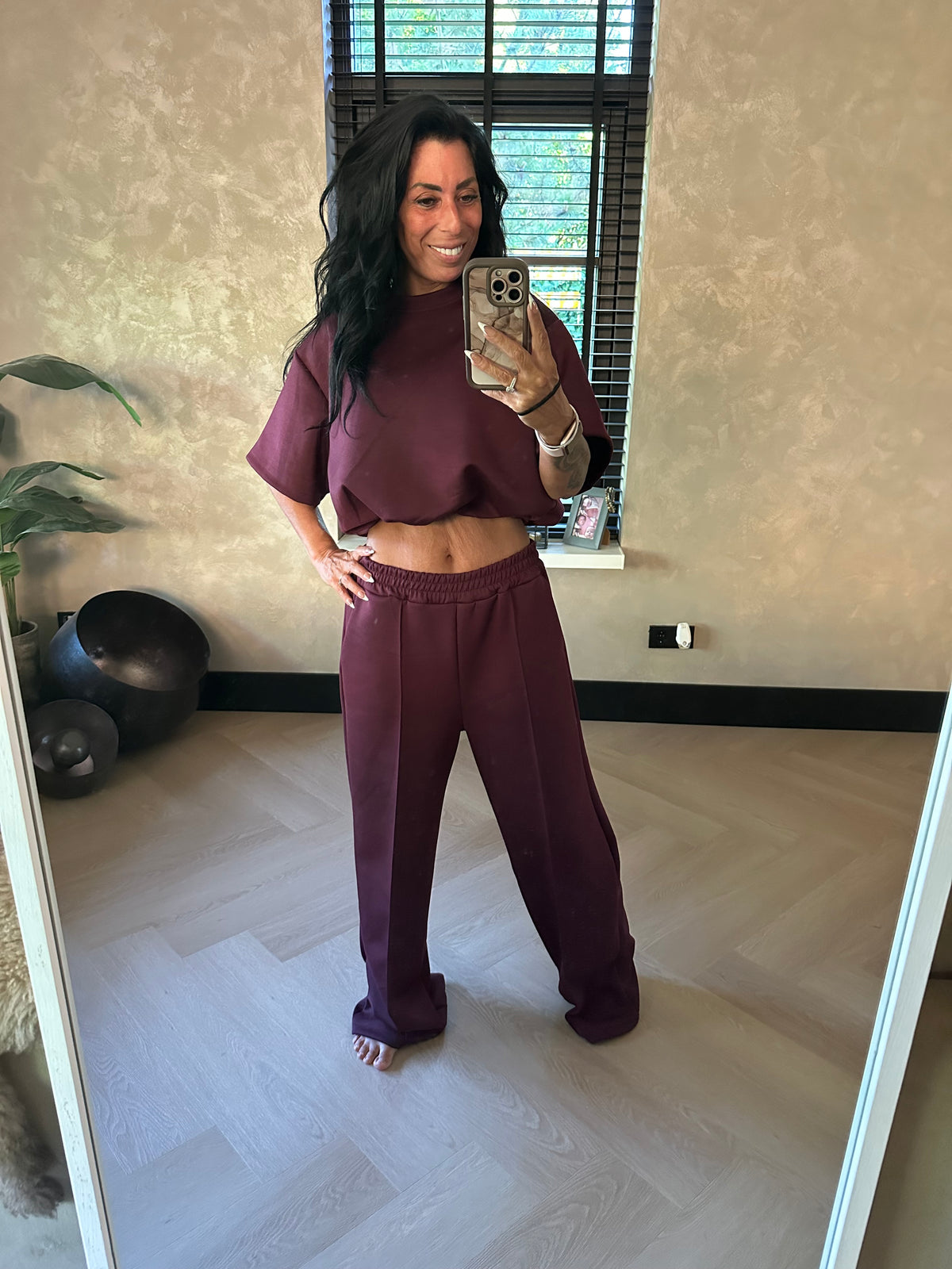 Crop Top Set Short Sleeve Bordeaux