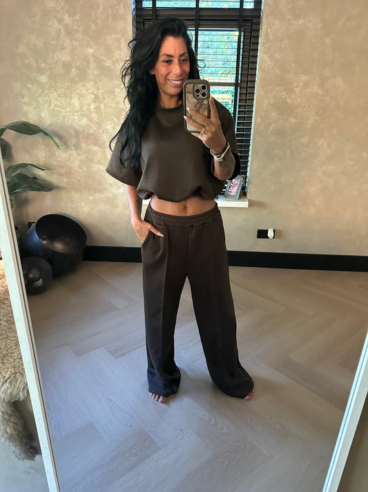 Crop Top Set Short Sleeve Brown