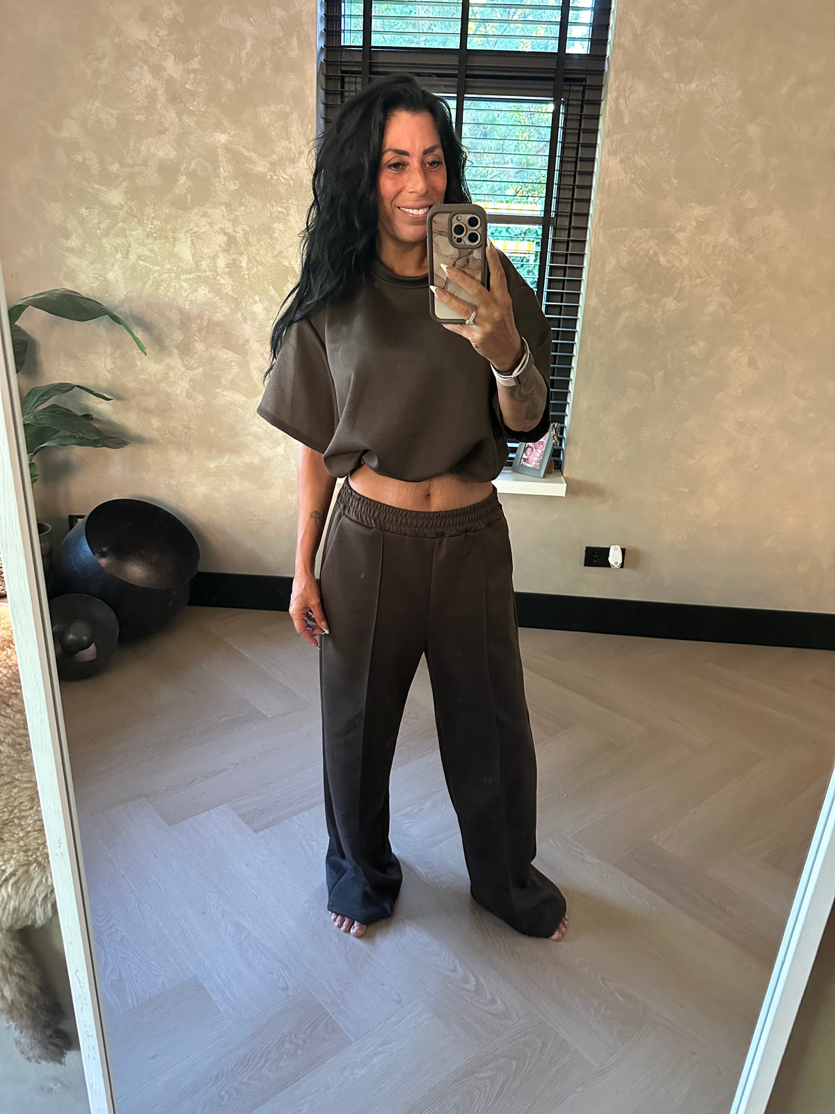 Crop Top Set Short Sleeve Brown