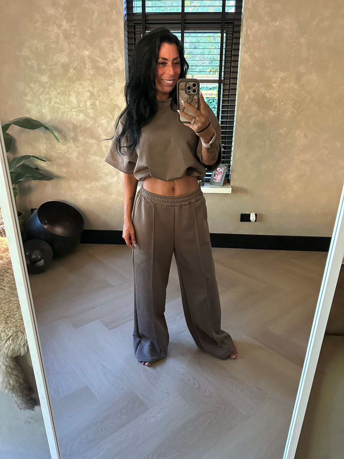 Crop Top Set Short Sleeve Taupe