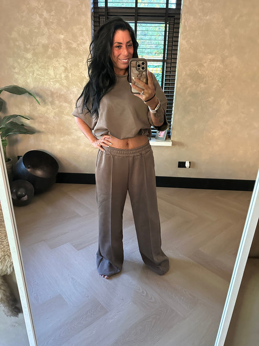 Crop Top Set Short Sleeve Taupe