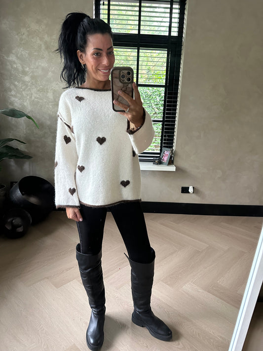Glitter Heart Sweater Off White / Brown