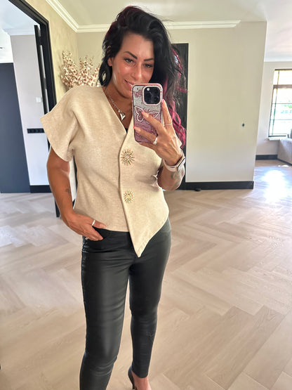 Kylie Vest Gold Button Beige