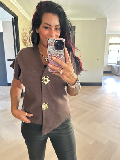 Kylie Vest Gold Button Brown