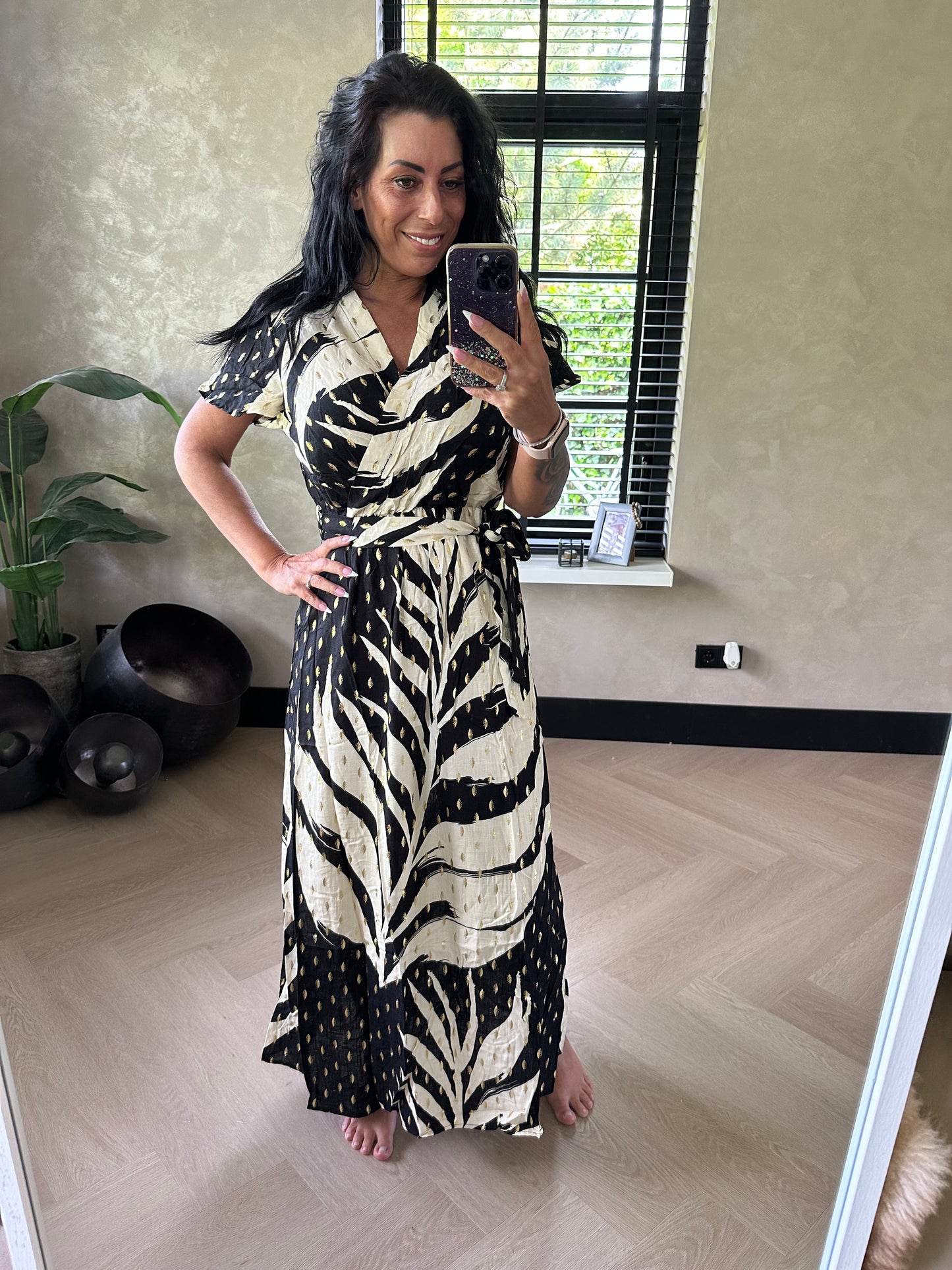 Leaf Wrap Dress Gold Black