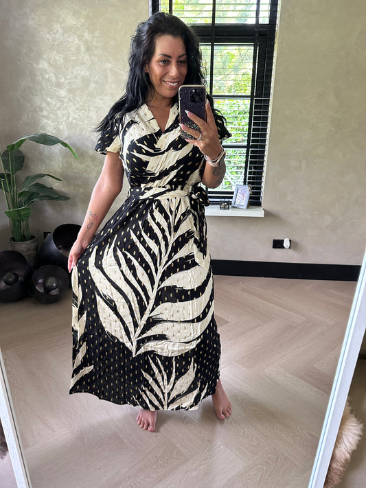 Leaf Wrap Dress Gold Black