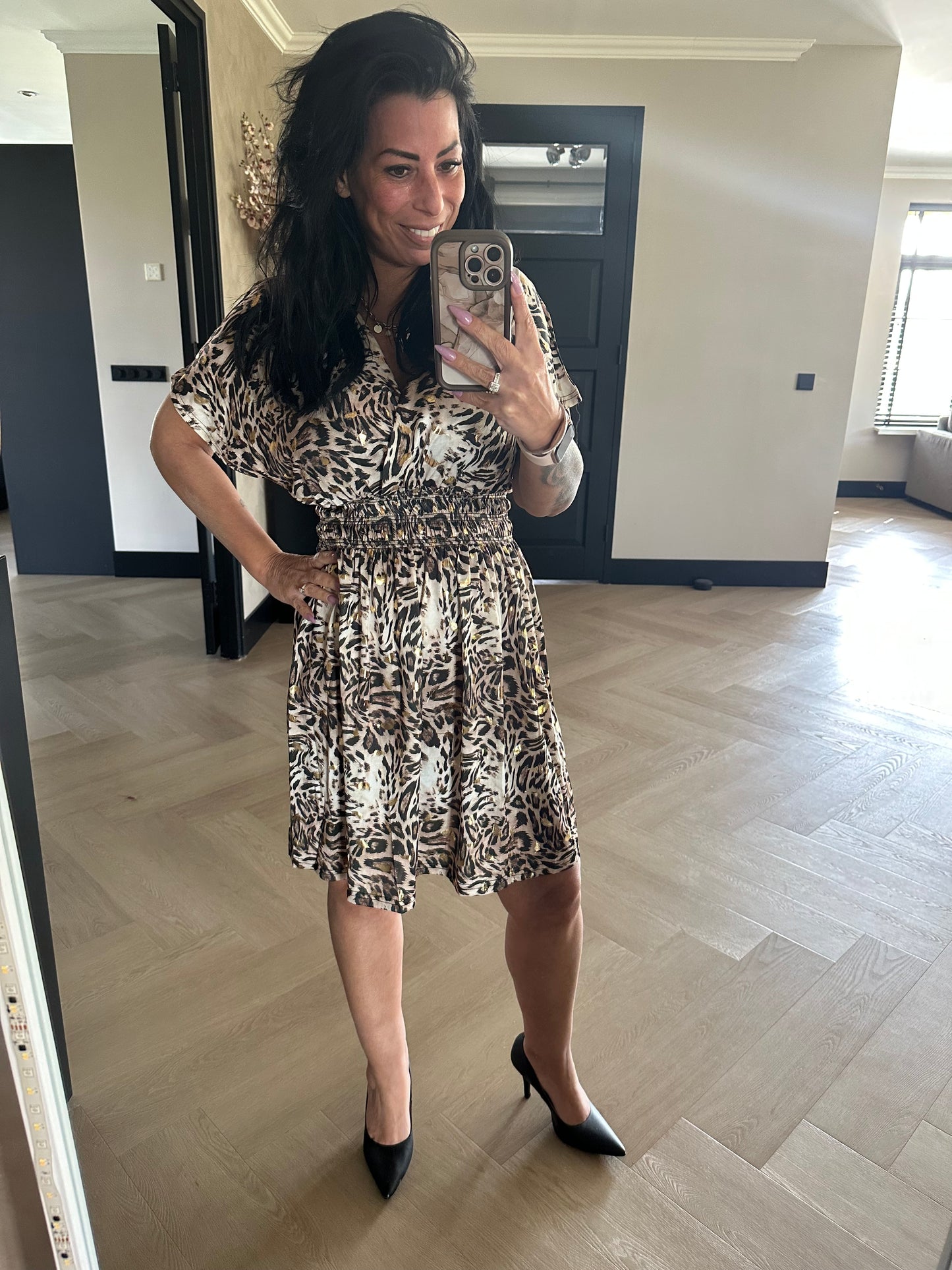 MAGIC Dress Leopard Feather Short Gold Taupe