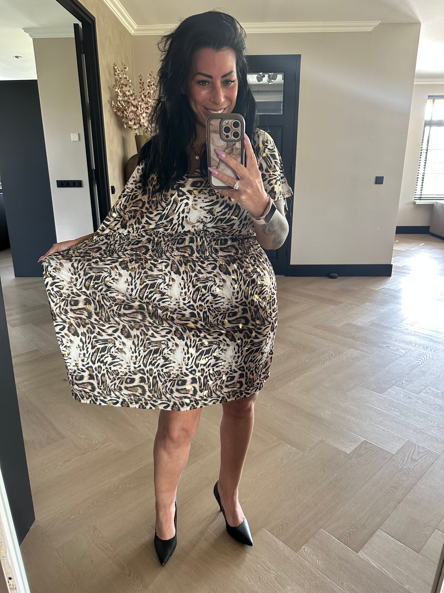 MAGIC Dress Leopard Feather Short Gold Taupe