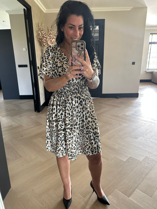 MAGIC Dress Leopard Feather Short Gold White