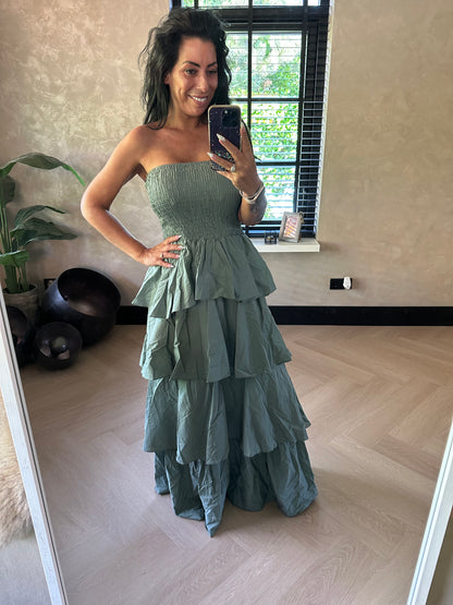 Ruffle Strapless Dress Kaki