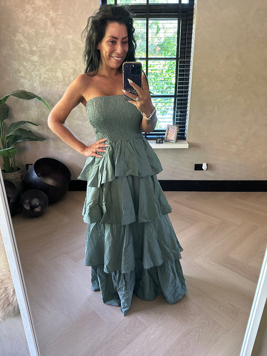 Ruffle Strapless Dress Kaki