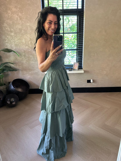 Ruffle Strapless Dress Kaki