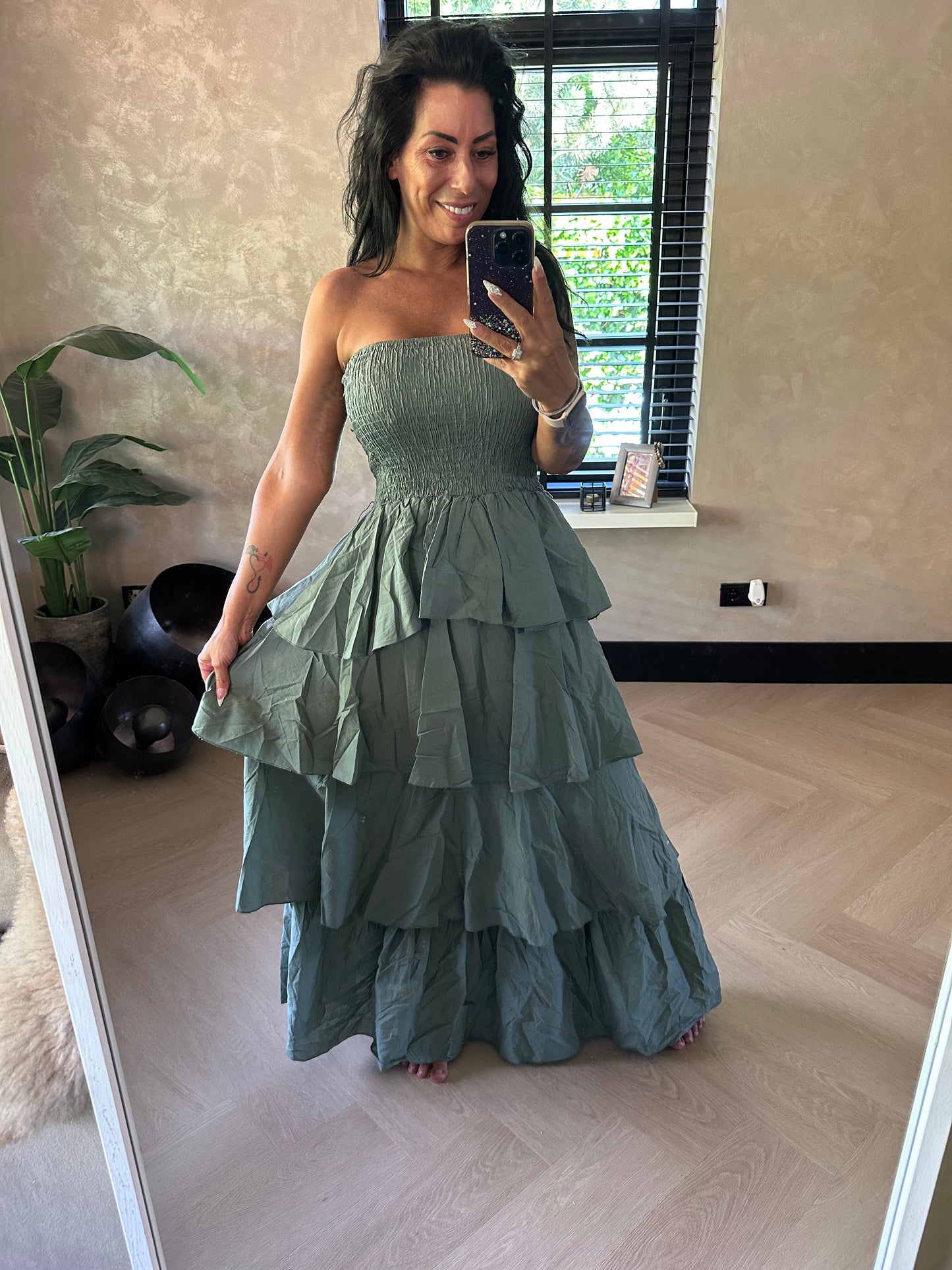 Ruffle Strapless Dress Kaki